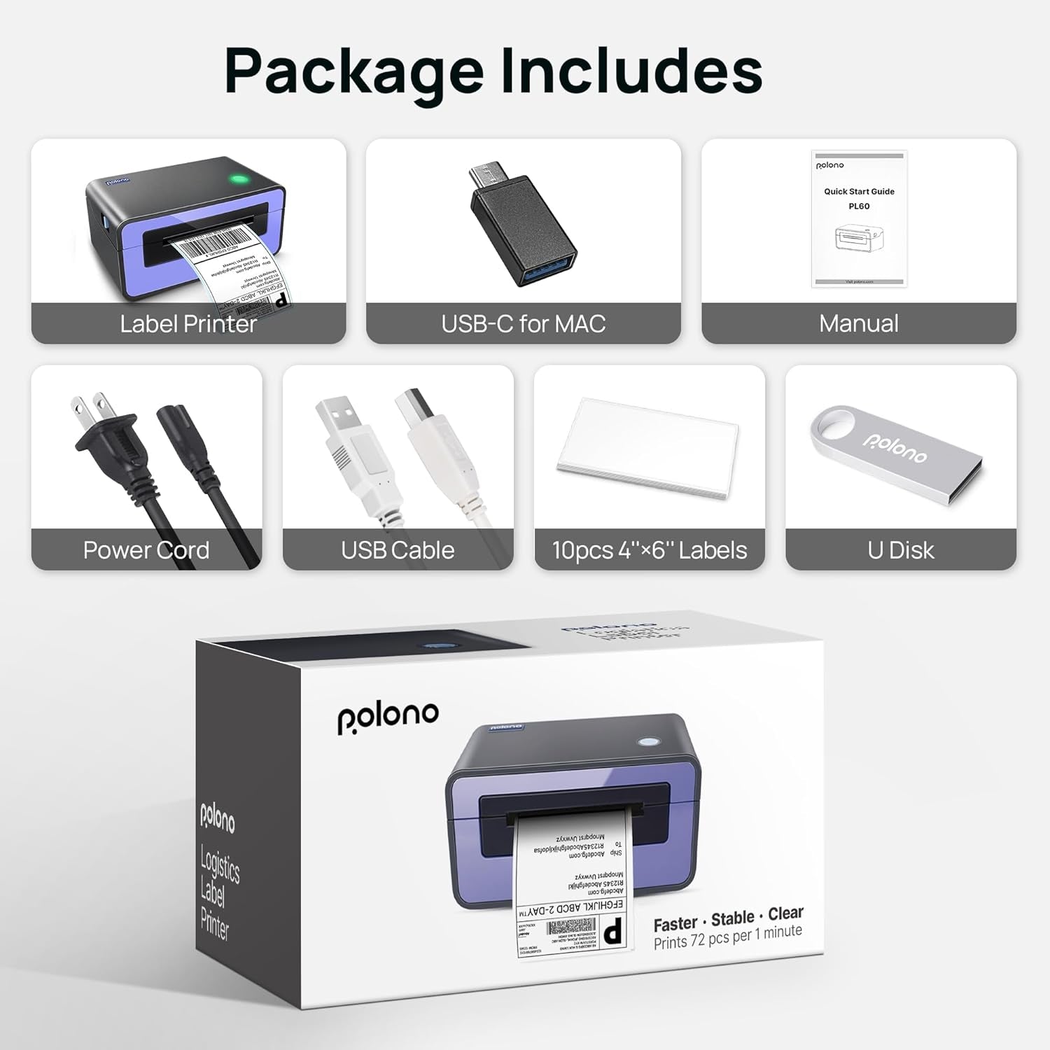 Shipping Label Printer, PL60 4X6 Label Printer for Shipping Packages, Direct Thermal Printer, Compatible with Windows, Mac, Linux, Widely Use for Shopify, Ebay, Amazon, UPS, Fedex, Etsy, Purple