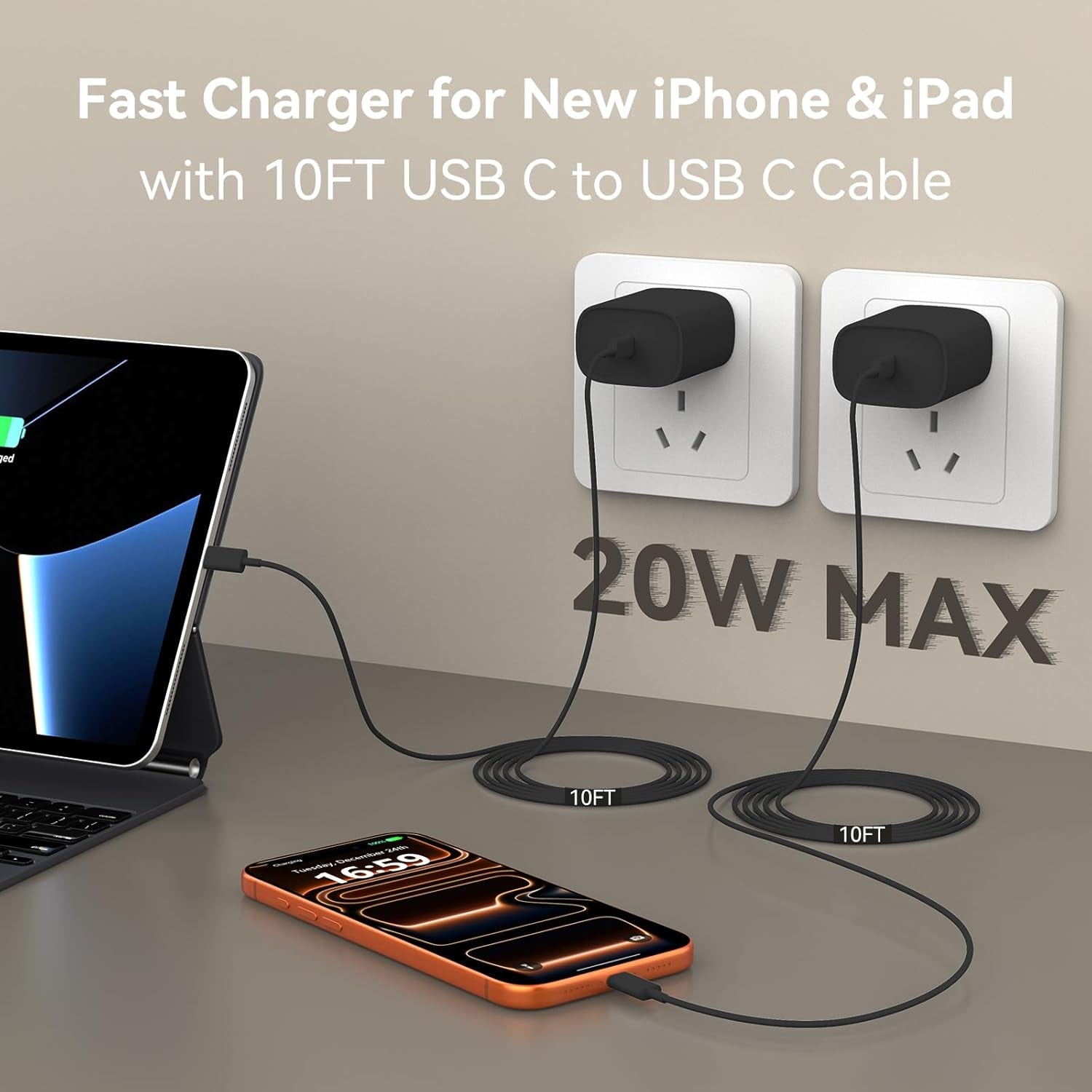 Phone 17 16 15 Pro Max Charger Fast Charging, 10 FT Long USB C Charger Cord with 20W Type C Fast Phone Charging Block for Phone 17/17 Pro/17 Pro Max/Air, for Phone 16 15 Pro Max Plus, Ipad, Android