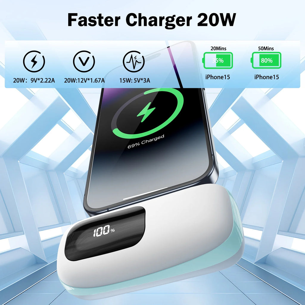 Portable Charger 5000Mah Power Bank with LCD Display, 20W Quick Charge USB-C Battery Pack Compatible with Iphone16/15 Series, Android, Samsung, Pixel, Blue