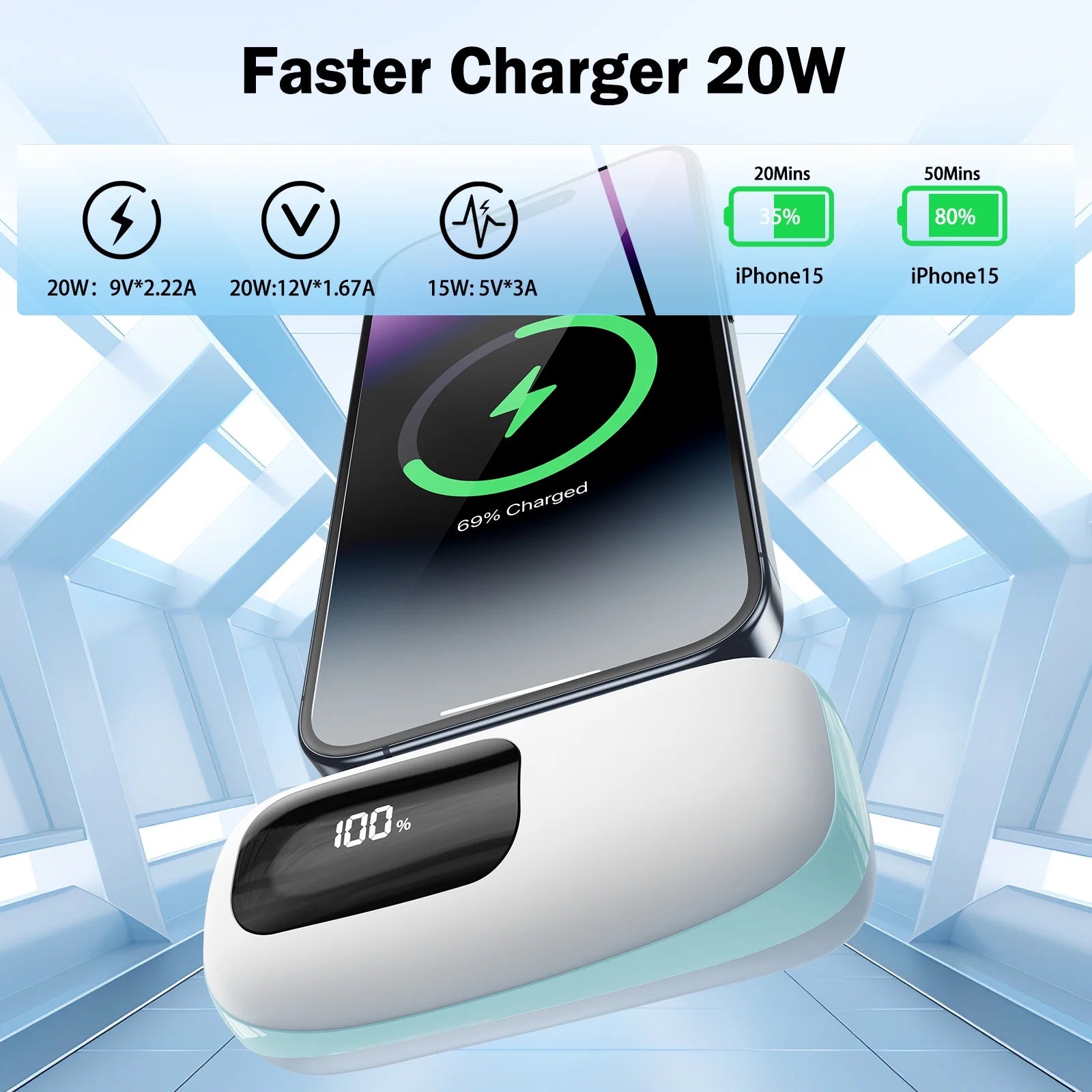 Portable Charger 5000Mah Power Bank with LCD Display, 20W Quick Charge USB-C Battery Pack Compatible with Iphone16/15 Series, Android, Samsung, Pixel, Blue